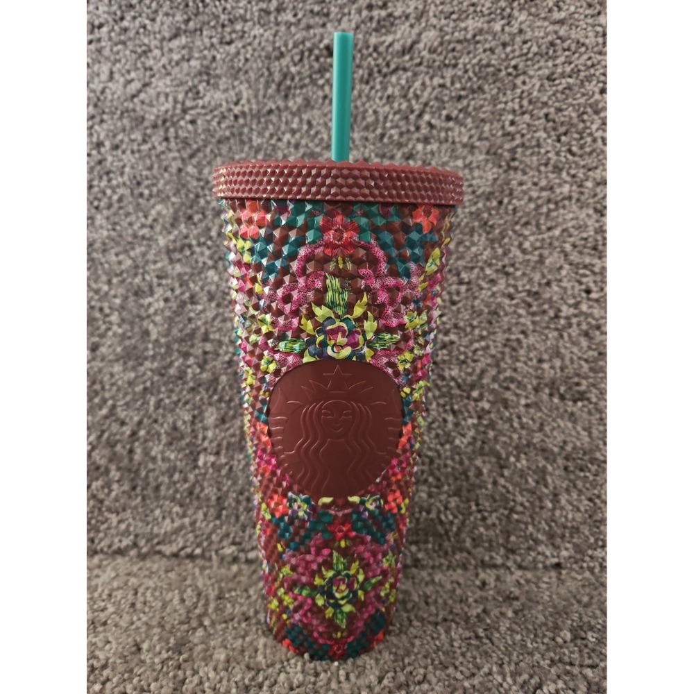 Starbucks Fall Floral Bling Cup Studded Pink Plumb Teal 24 Oz Tumbler New